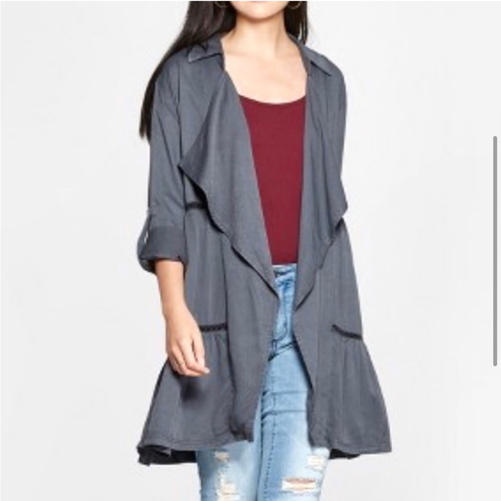 KNOX ROSE Crochet Openwork Trim Open Front Cascading Charcoal Gray Jacke…